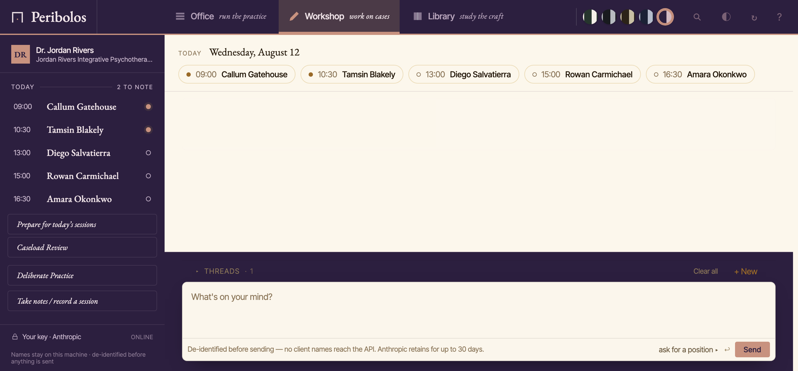 The Workshop in Peribolos &mdash; a demo practice with fictional clients: the day's page, a caseload sidebar, and a place to write.